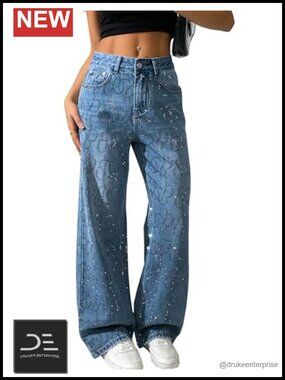 High Waist Wide Leg Rhinestone Beaded Jeans Y2K Baggy Disco Party Denim